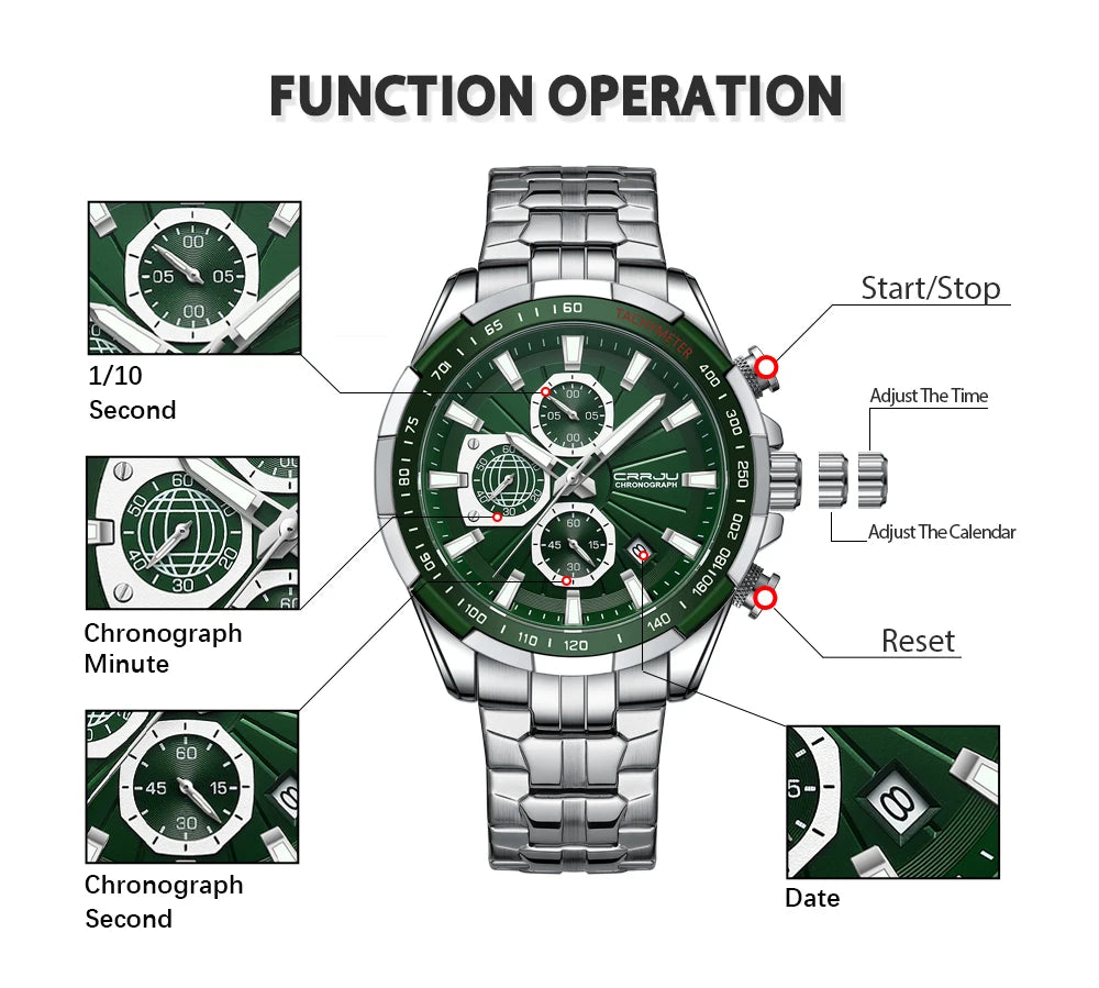Men's Watches Fashion Business Multifunction Quartz Chronograph with Auto Date and Luminous Hands Relogio Masculino