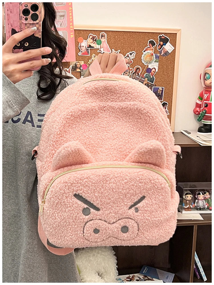 Cute Plush Pig Velvet Backpack Large Capacity Shoulder Bag