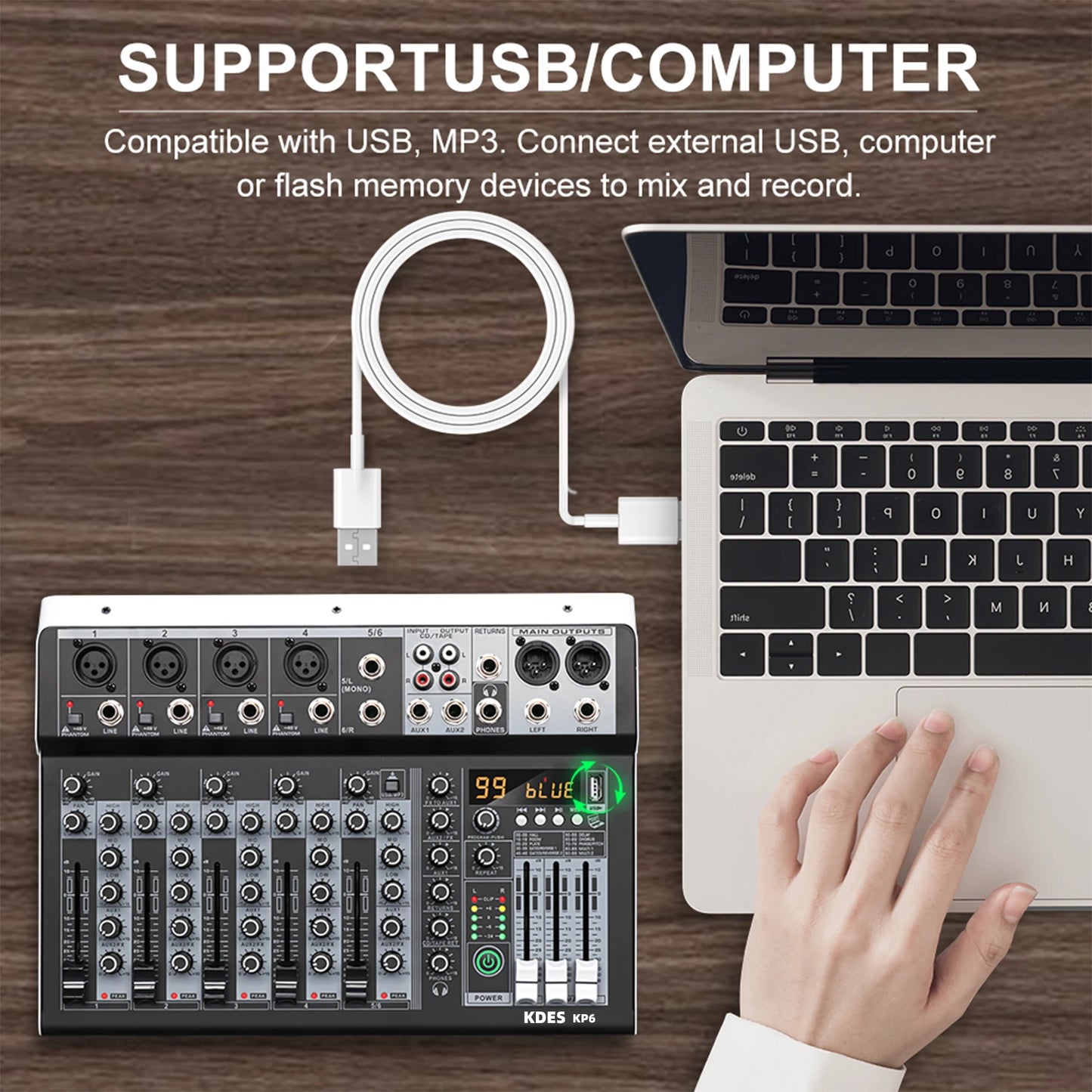 KDES KP6 Audio Mixer 6 Channel 99 DSP Effect Record PC 48V Phantom Power USB Sound Mixers Bluetooth DJ Console Mixing for Karaok