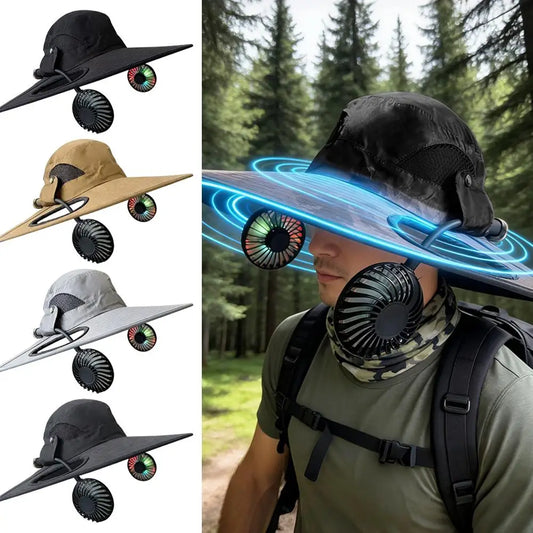 Wide Brim Solar Fan Hat With Dual Fans And USB Charging