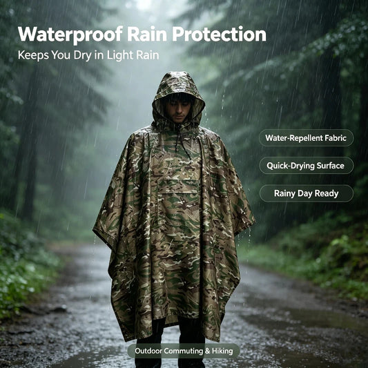 Camouflage Waterproof Rain Poncho with Hood and Storage Bag