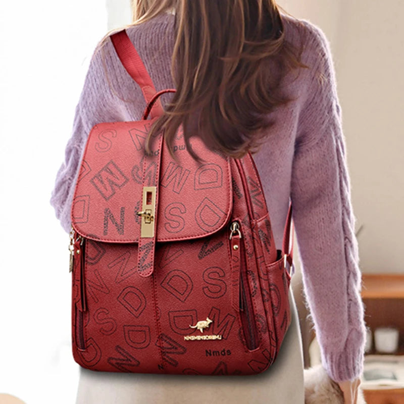 Women's Designer Letter Printing Leather Backpacks Large Capacity Travel Shoulder Bags Totes School Bag