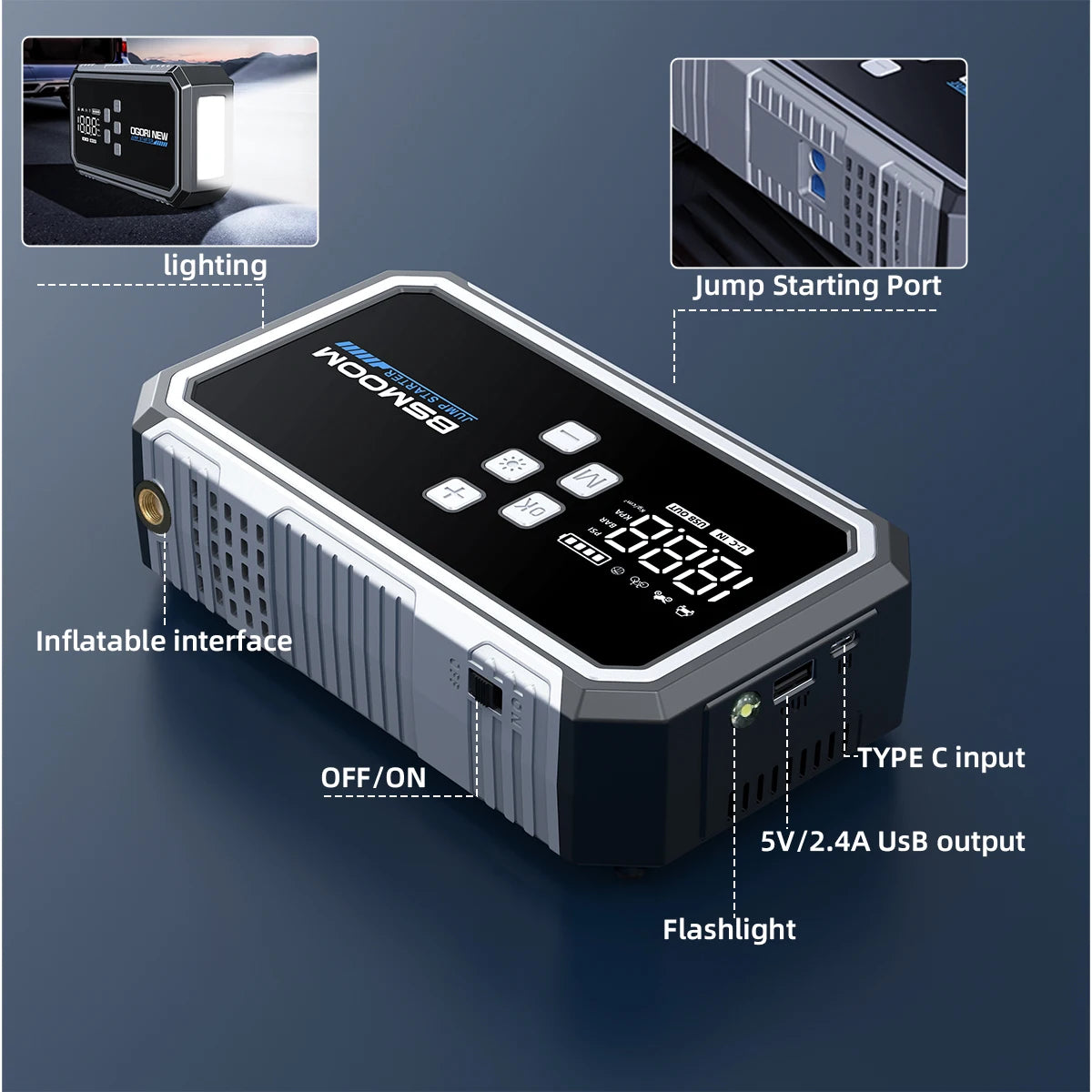 Car Jump Starter with Air Compressor, 6000A/7000A Portable Car Battery Booster (ALL Gas/10.0L Diesel) with 160PSI