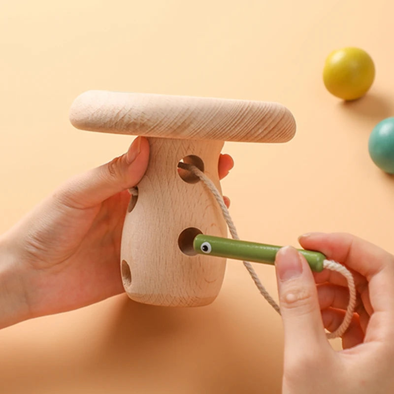 Wooden Baby Montessori Thread Toy Cartoon Mushroom Simulation Toys Natural Building Blocks Place Toys Room Decoration Baby Gifts