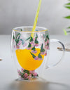 Double Wall Glass Coffee Mugs Double Insulated Glass Cup 350ml Flower Design