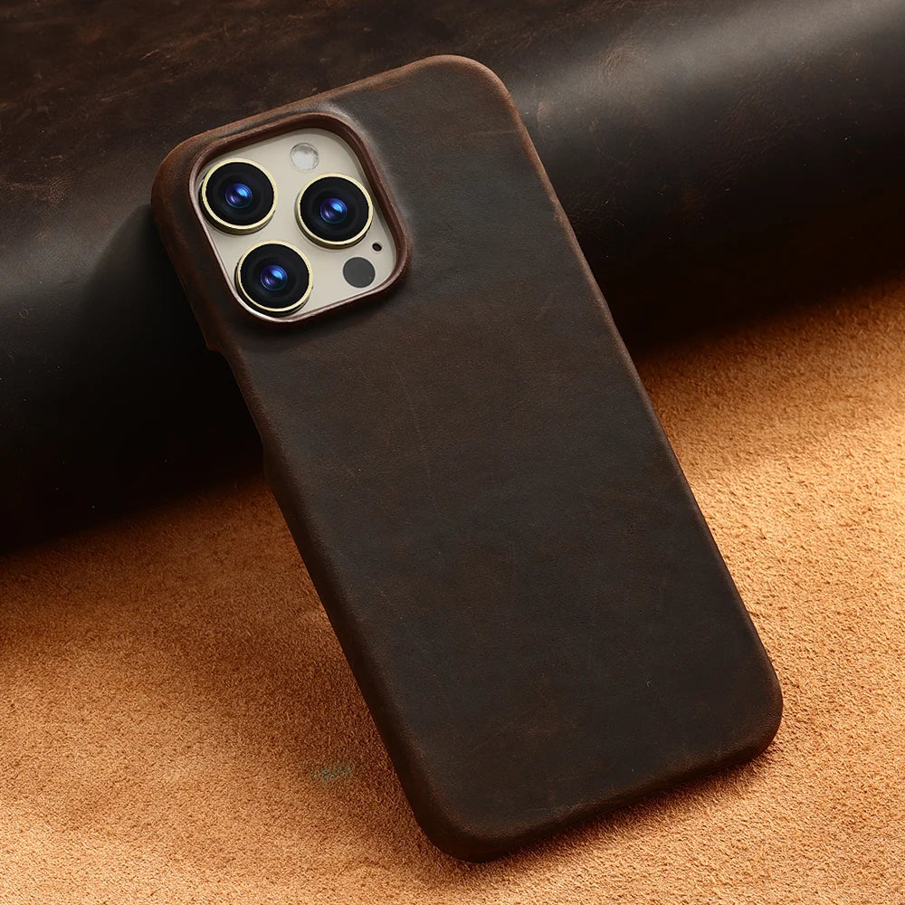 for Magsafe Case for iPhone 15 16 Pro Max 16Pro Retro Luxury Full Grain Cowhide Genuine Oiled PULL-UP Leather Magnetic Cover