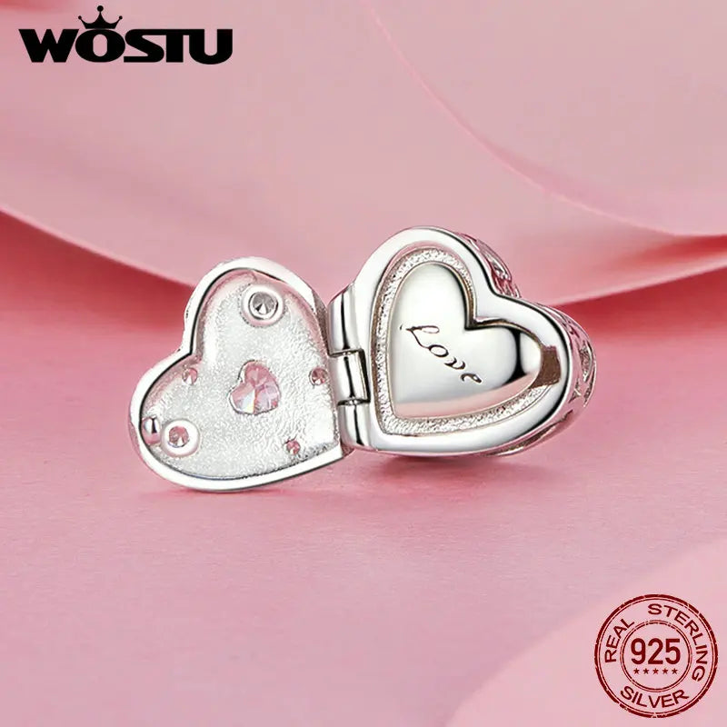 925 Sterling Silver Valentine's Gift Pink Heart Charms Safety Chain Openable Lock Beads