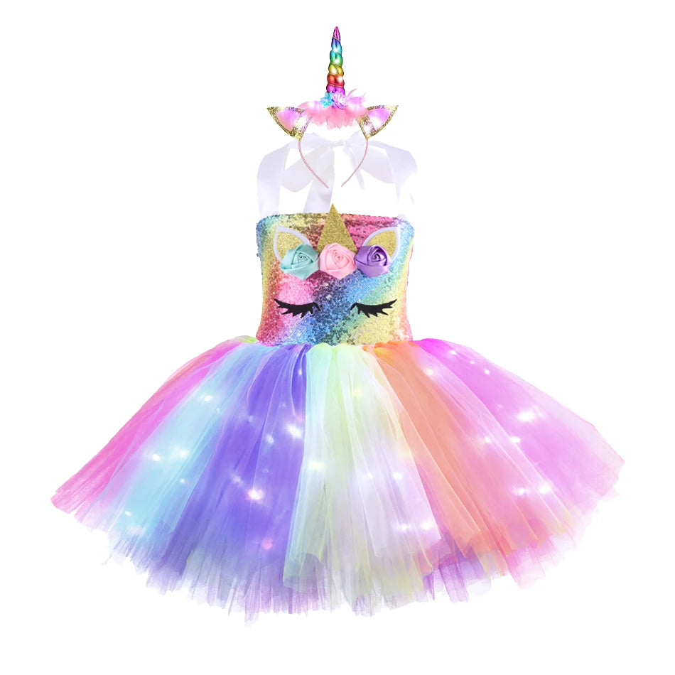 Girl Unicorn Dresses for Girls Tutu Princess Party Dresses with LED Lights Flower Birthday Party Cosplay Costume Girls Clothing