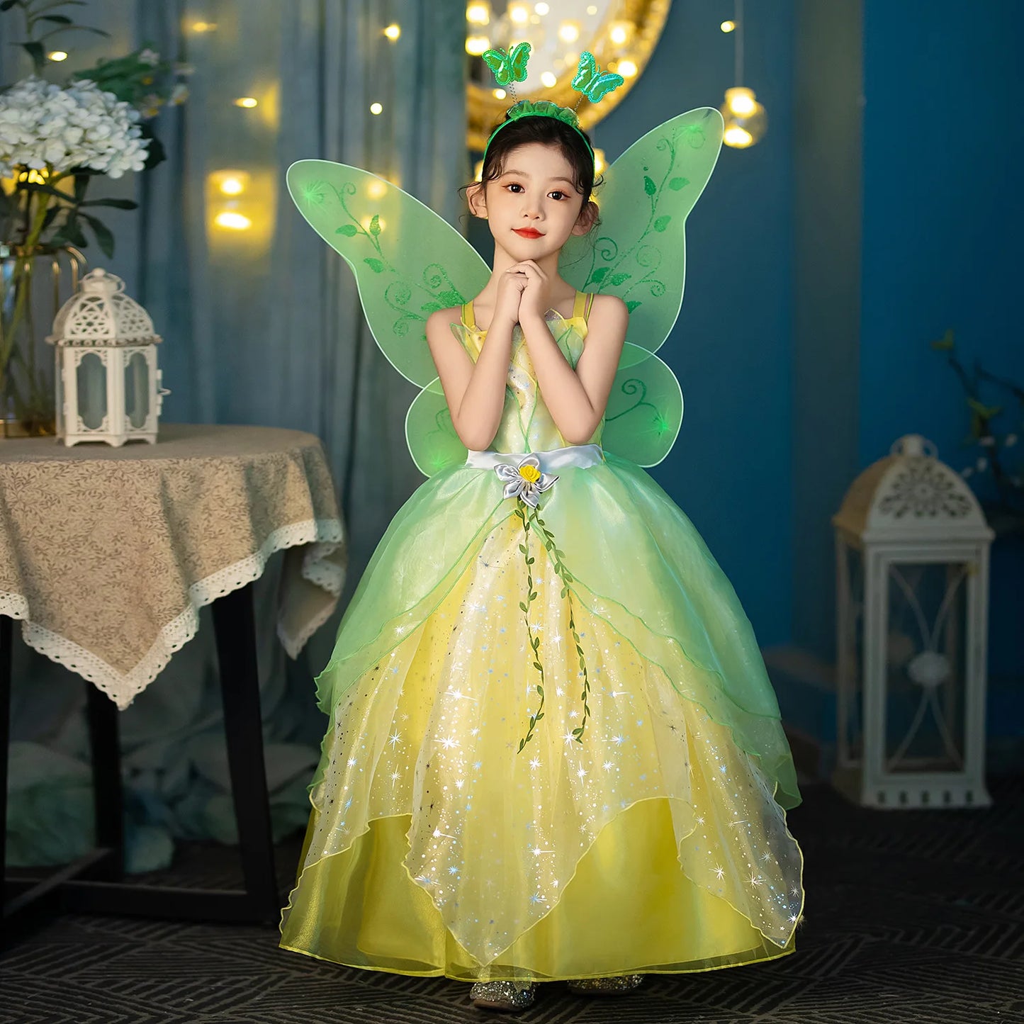 Layered Tulle Fairy Princess Dress Green Yellow Sling Party Costume