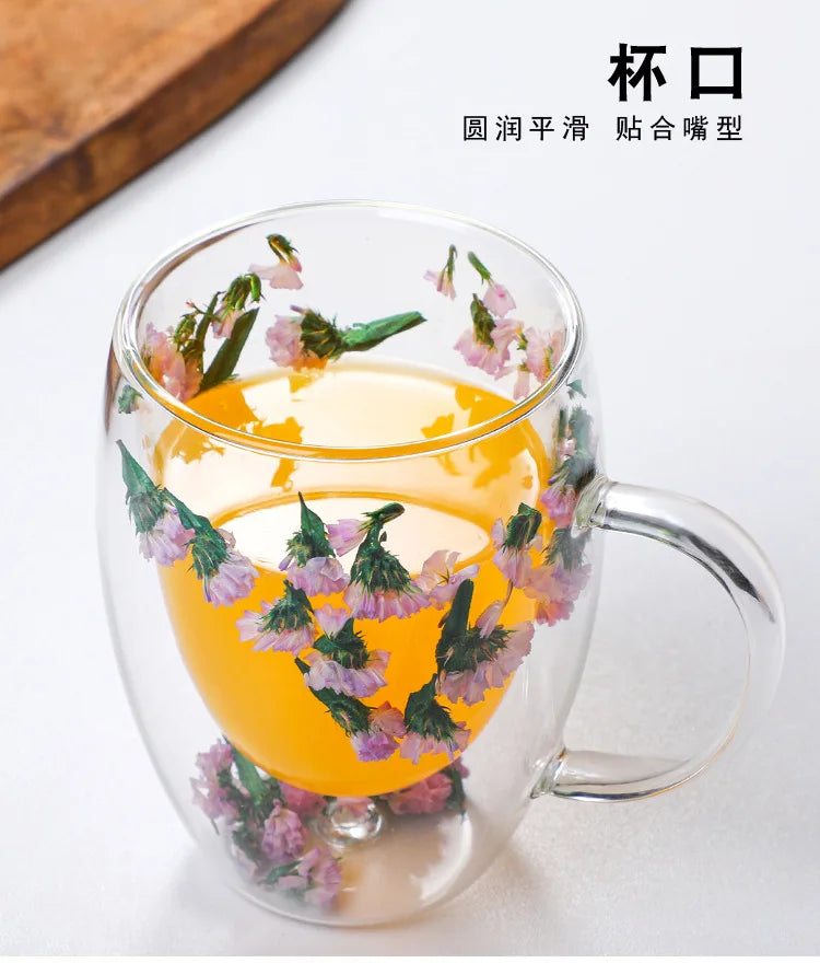 Double Wall Glass Coffee Mugs Double Insulated Glass Cup 350ml Flower Design