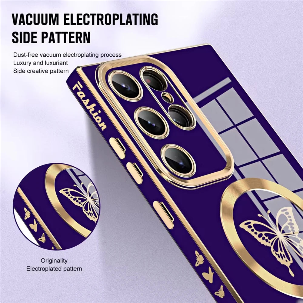 Luxury Electroplate  Butterfly Case For Samsung S23 Ultra S22 S21 Plus For Magsafe Wireless Charging Soft Silicone Cover