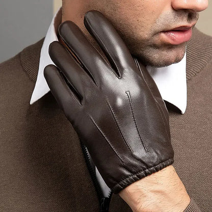 Men Business Sheepskin Leather Gloves Winter Full Finger Touch Screen Brown Gloves Riding Motorcycle Gloves