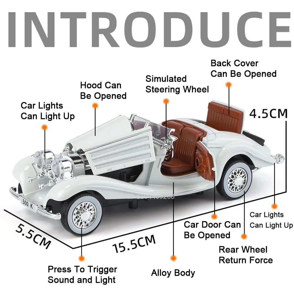 1:32 500K 300SL Vintage Car Model Toy Shock Absorption Alloy Diecast Vehicle Models Sound Light Pull Back Collection Gifts