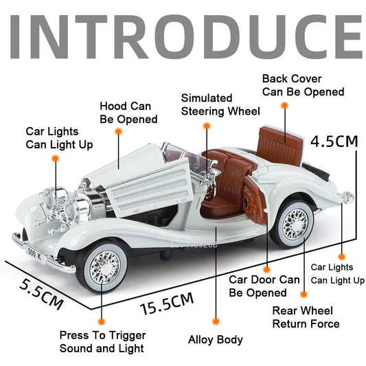 1:32 500K 300SL Vintage Car Model Toy Shock Absorption Alloy Diecast Vehicle Models Sound Light Pull Back Collection Gifts
