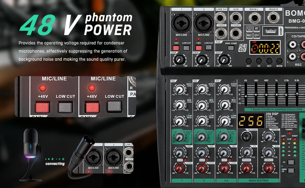 Compact Audio Mixer with 256 DSP Effects and 7 Band Master EQ