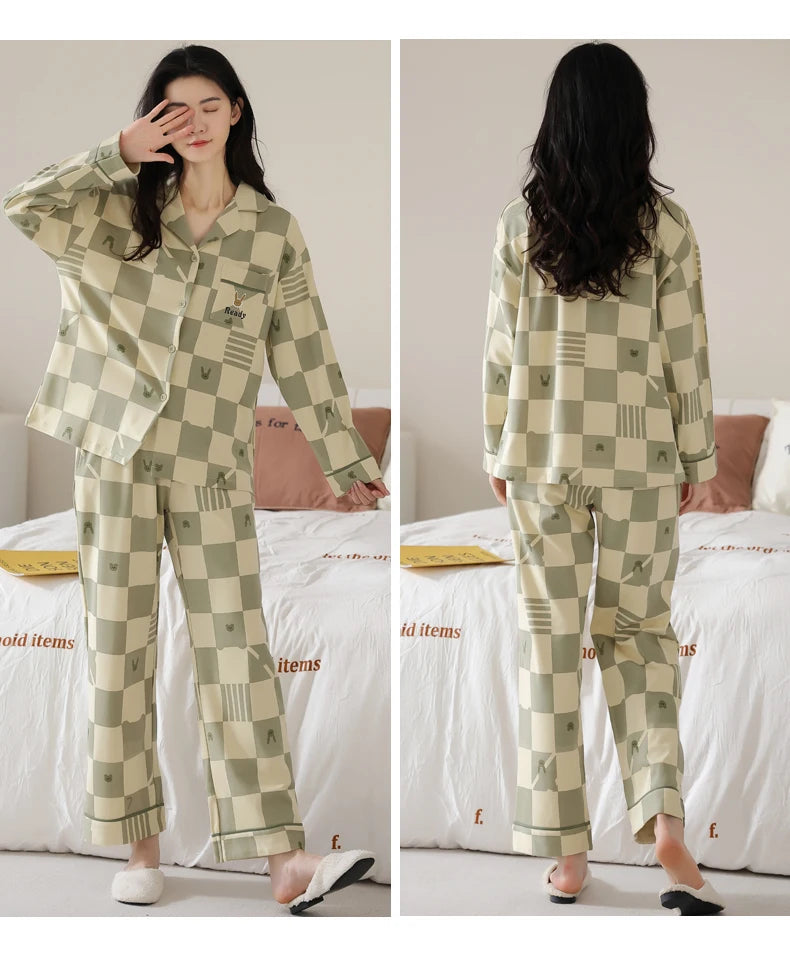 Women’s Winter 100% Cotton Pajama Set – Loose Fit, Turn-Down Collar, Long Sleeves, Cute Pink