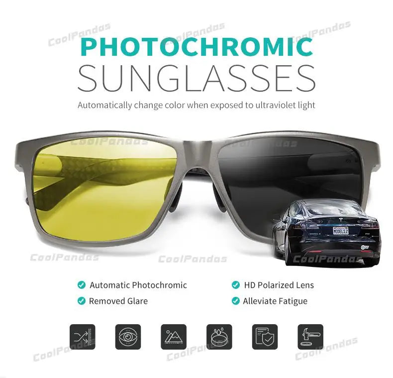 Carbon Fiber Square Photochromic Polarized UV400 Day Night Driving Sunglasses for Men Women