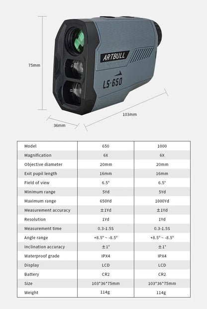 1000m Laser Rangefinder Hunting Outdoor 650m Golf Rangefinder Telescope with Flag-Lock Slope Adjusted Distance Meter