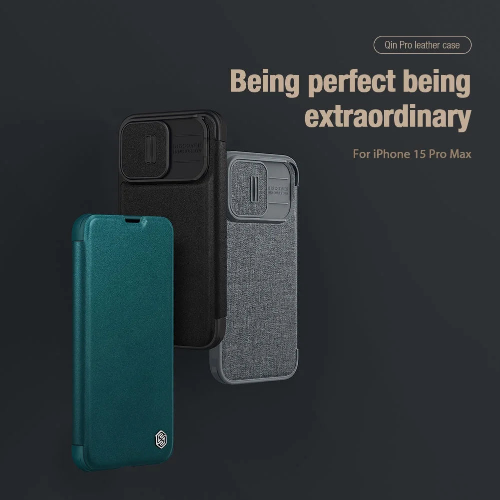 QIN Pro Plain Leather Cloth Case For iPhone 15 Pro Max Flip Shockproof Camera Slider Protection Cover With Card Holder