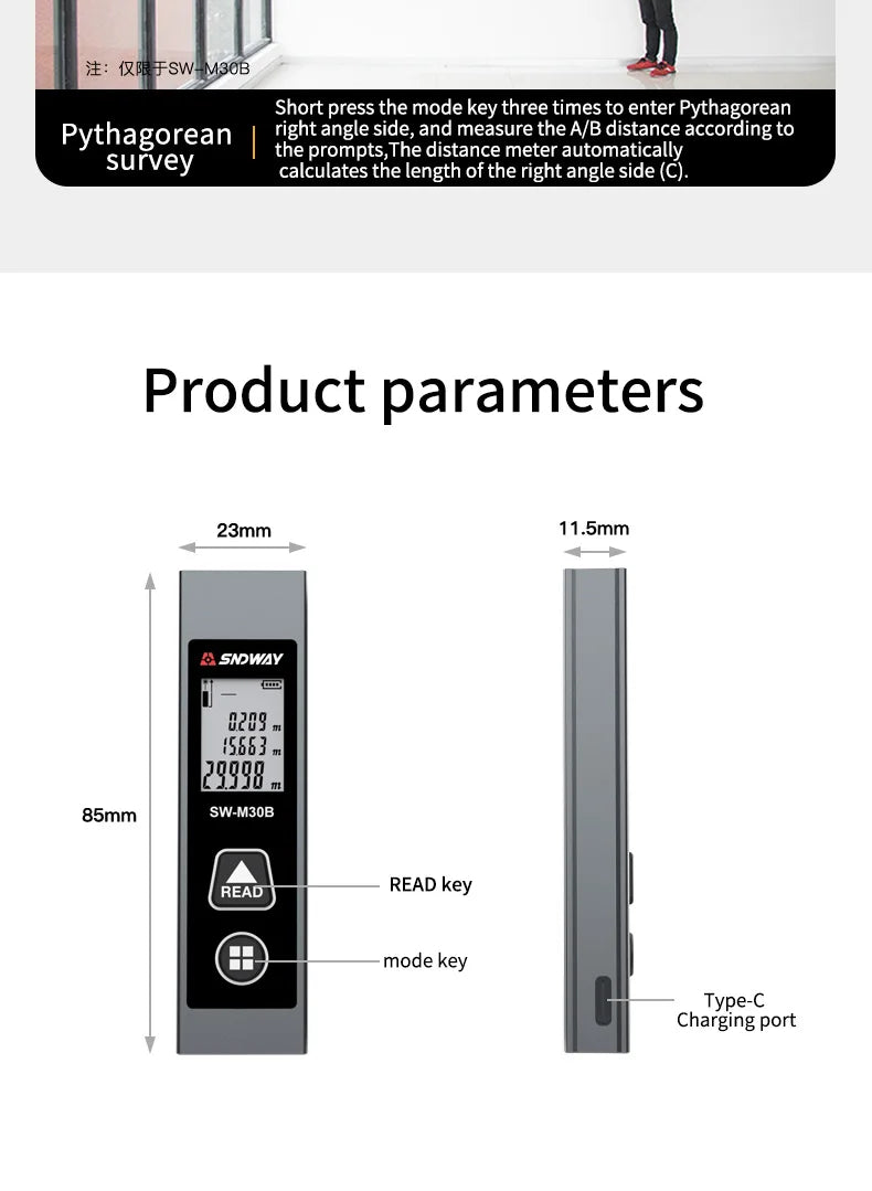 Mini Smart Laser Rangefinder Intelligent 30M Digital Laser Rangefinde Usb Charging Rechargeable Handheld Distance Meter