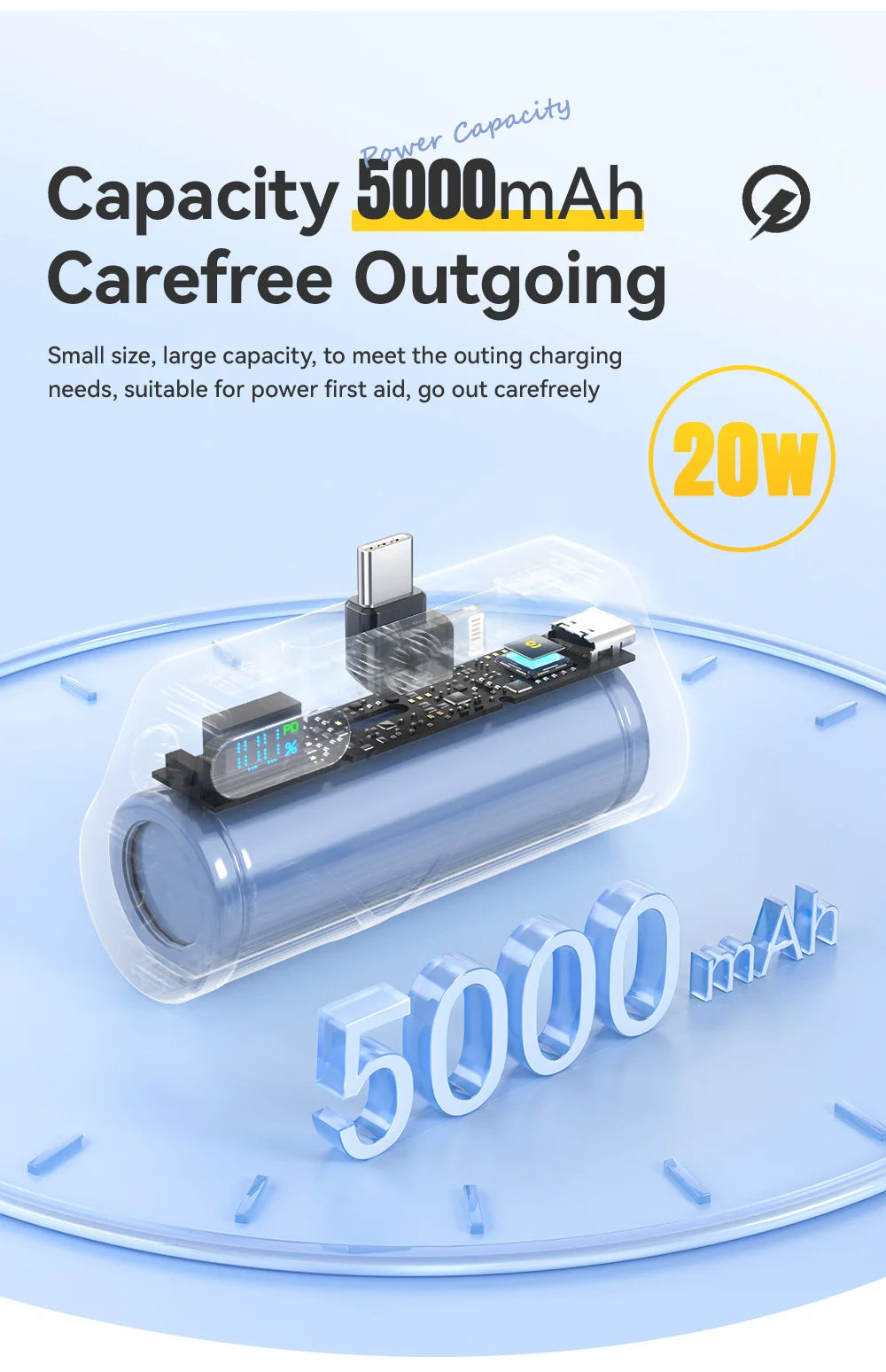 5000mAh Mini Capsule Power Bank 20W PD Fast Charging with Built-in Lightning & USB-C Plug Portable Charger