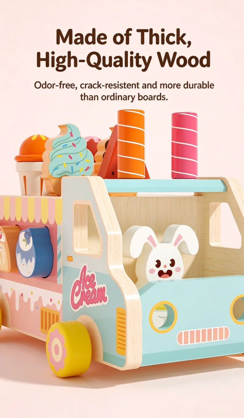 Wooden Rabbit Ice Cream Truck Shape Sorter and Pretend Play Toy