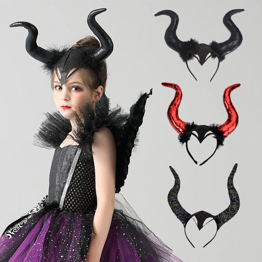 Girls Women Halloween Long Demon Ox Horn Headband Evil Queen Glitter Hair Hoop Cosplay Costume Magic Witch Headpiece Accessory