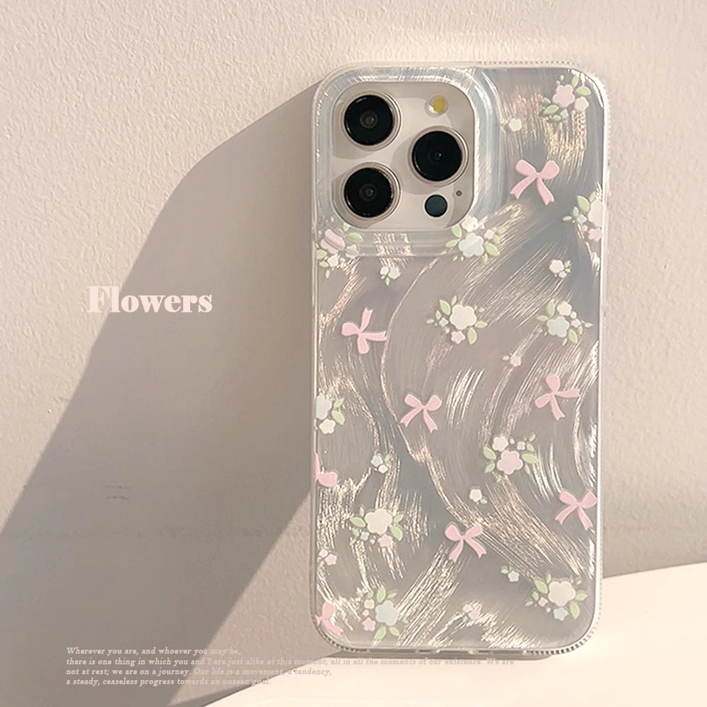 Luxury Laser Silver Bow knot Case for iPhone 17 Air 16 15 14 Pro Max Plus 16E Shockproof Bumper Fundas