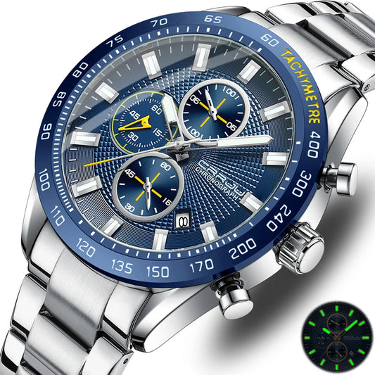 Men Watch Fashion Sports Chronograph Wristwatches Stainless Steel Strap with Auto Date