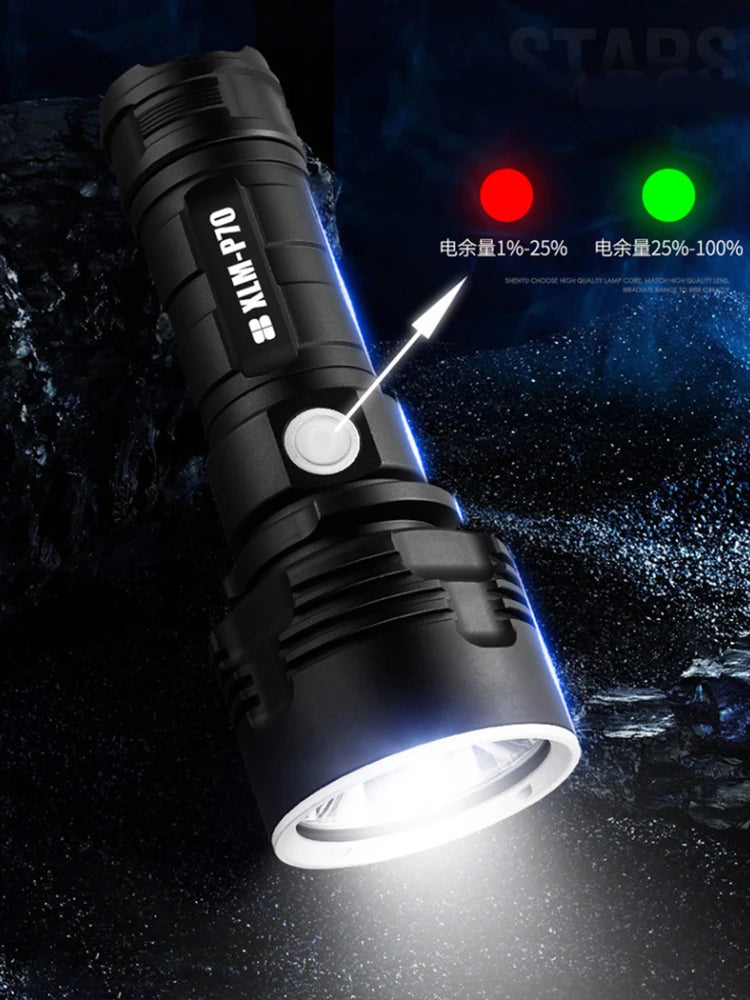 P70 LED Flashlight High Power USB Rechargeable Torch 26650 Battery Waterproof Outdoor Camping Light