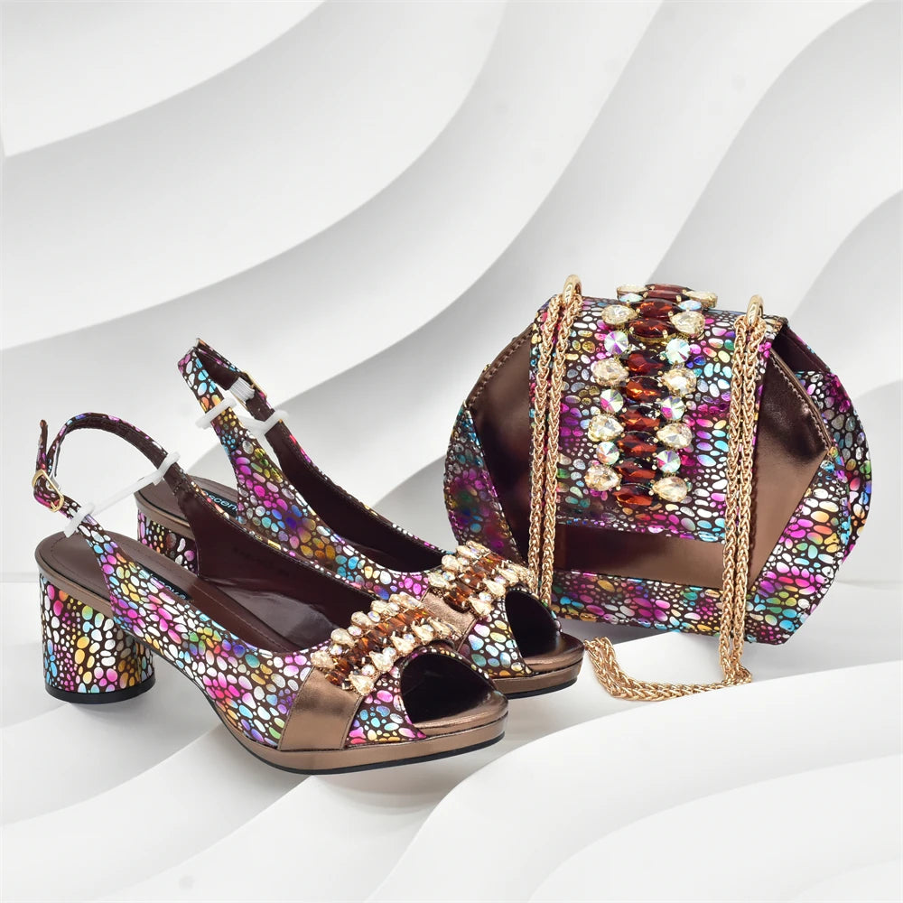 Rhinestone Design INS African Shoes and Bag Set in Silver Color Open Toe Comfortable Women Heels