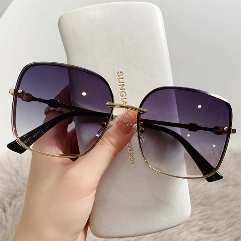 Brown Sunglasses Women Rimless Square Fashion Glasses Vintage Big Sunshades