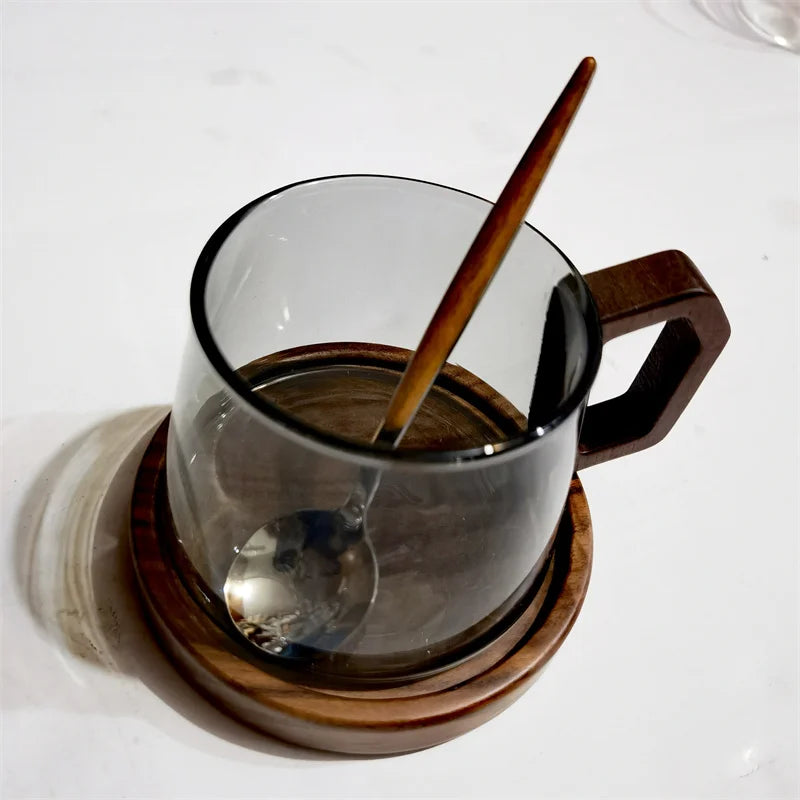 320ml American Latte Heat-resistant Glass Coffee Mug With Wooden Tray Spoon Milk Tea Cup Fresh Ground Cup Barista Cafe Access