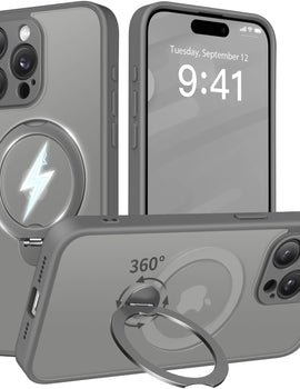 Luxury Magnetic Stand Phone Case for iPhone 15 Pro Max with Lens Protection 360° Rotatable Ring Holder Magsafe Matte Phone Cover