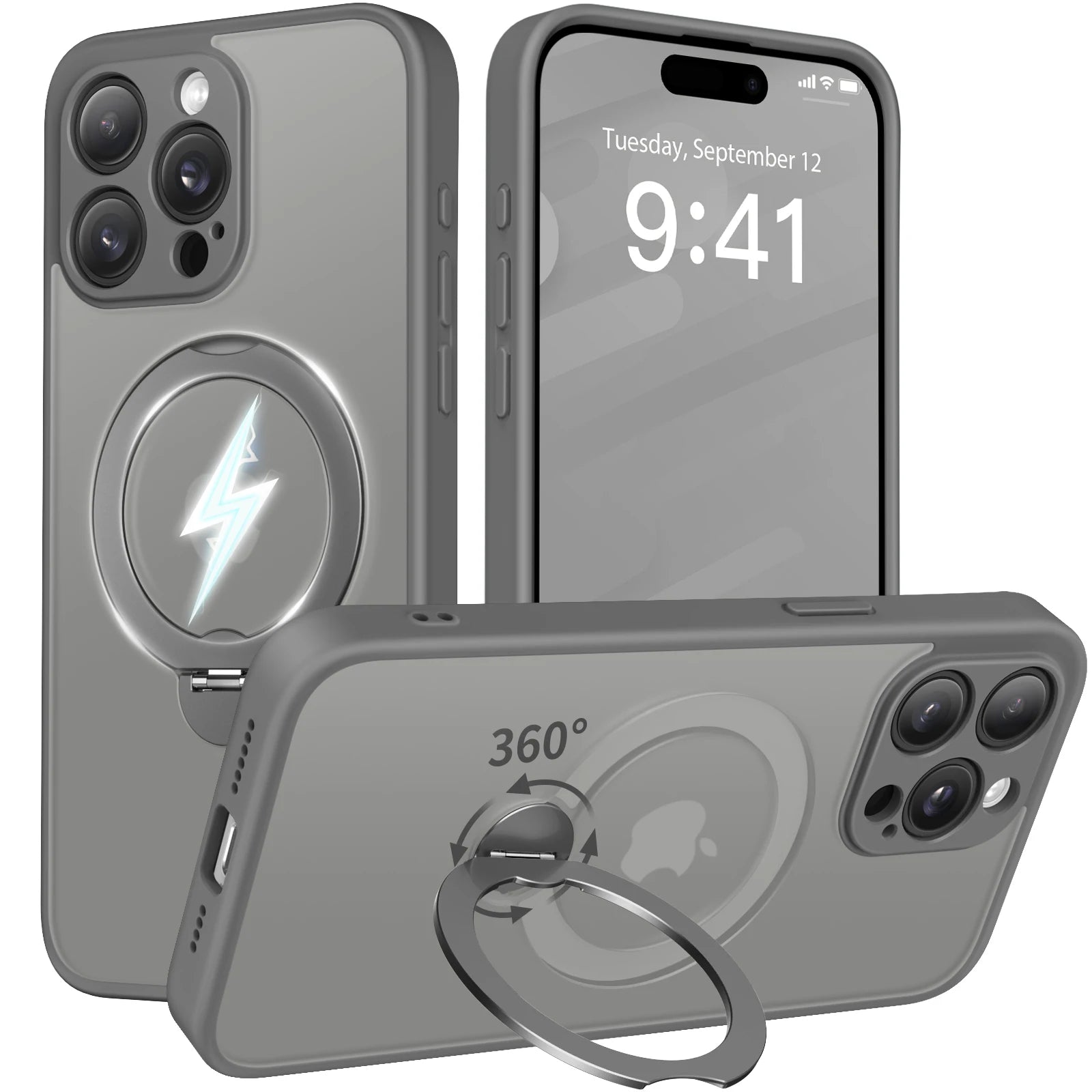 Luxury Magnetic Stand Phone Case for iPhone 15 Pro Max with Lens Protection 360° Rotatable Ring Holder Magsafe Matte Phone Cover