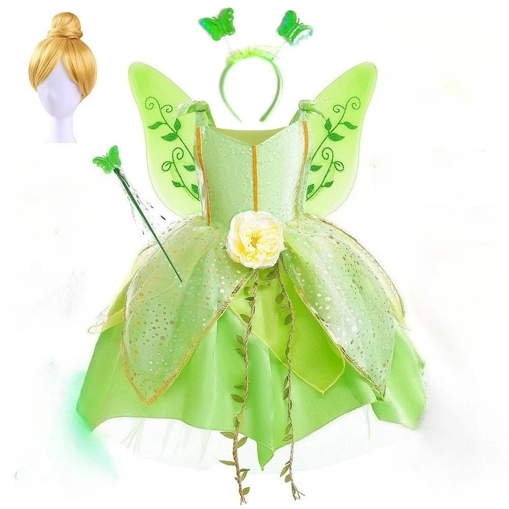 Girl Green Leaf Sequin Fairy Dress Sleeveless Strap Elf Tutu Gown Kids Birthday Party Halloween Cosplay Forest Princess Costume
