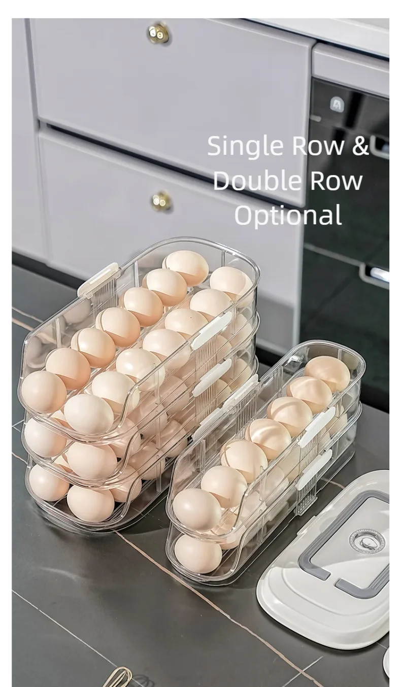 Multi-Layer Automatic Rolling Egg Storage Box – Refrigerator Side Door Egg Tray Rack Organizer