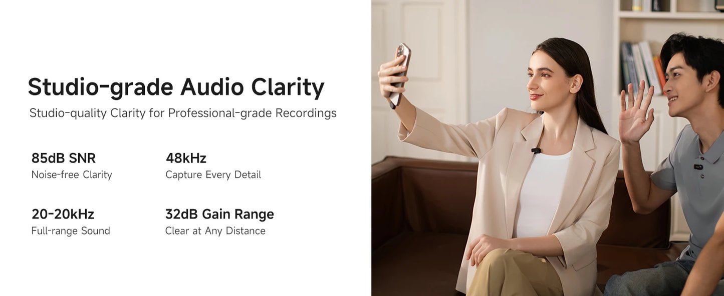 Wireless Lavalier Microphone with AI Noise Cancellation Auto Clipping and App Control