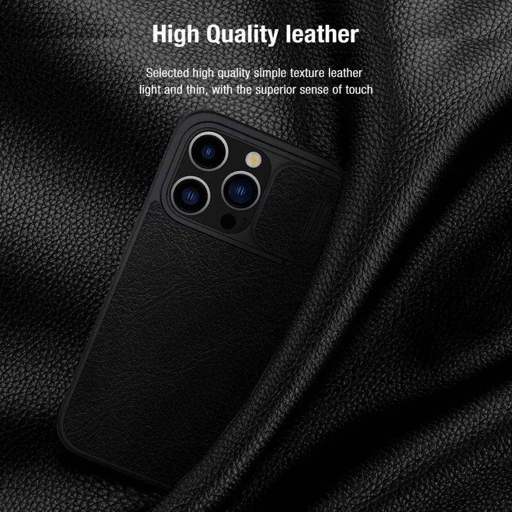 Luxury Flip QIN Pro Leather Case For iPhone 15 Pro Max Case Shockproof Camera Slider Protection Cover With Card Holder