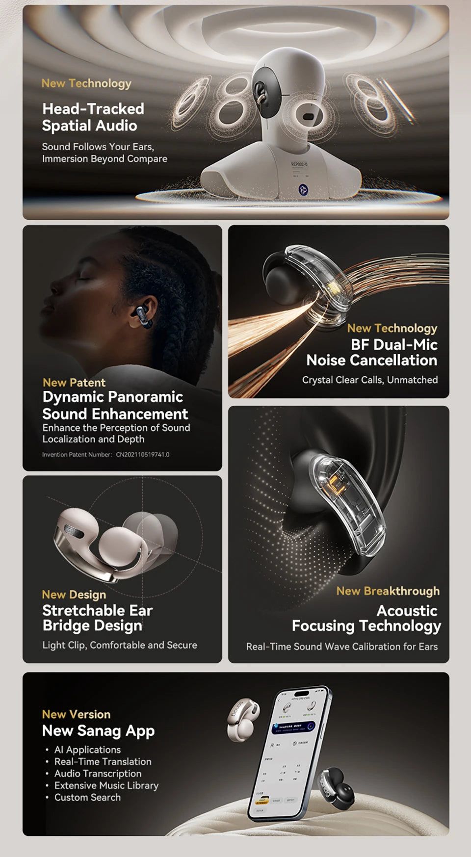 S9S AI Free Clip OWS Headphones Bluetooth 5.4 Earphones AI Assistant Wireless Headset IPX4 Stretchable Ear Bridge