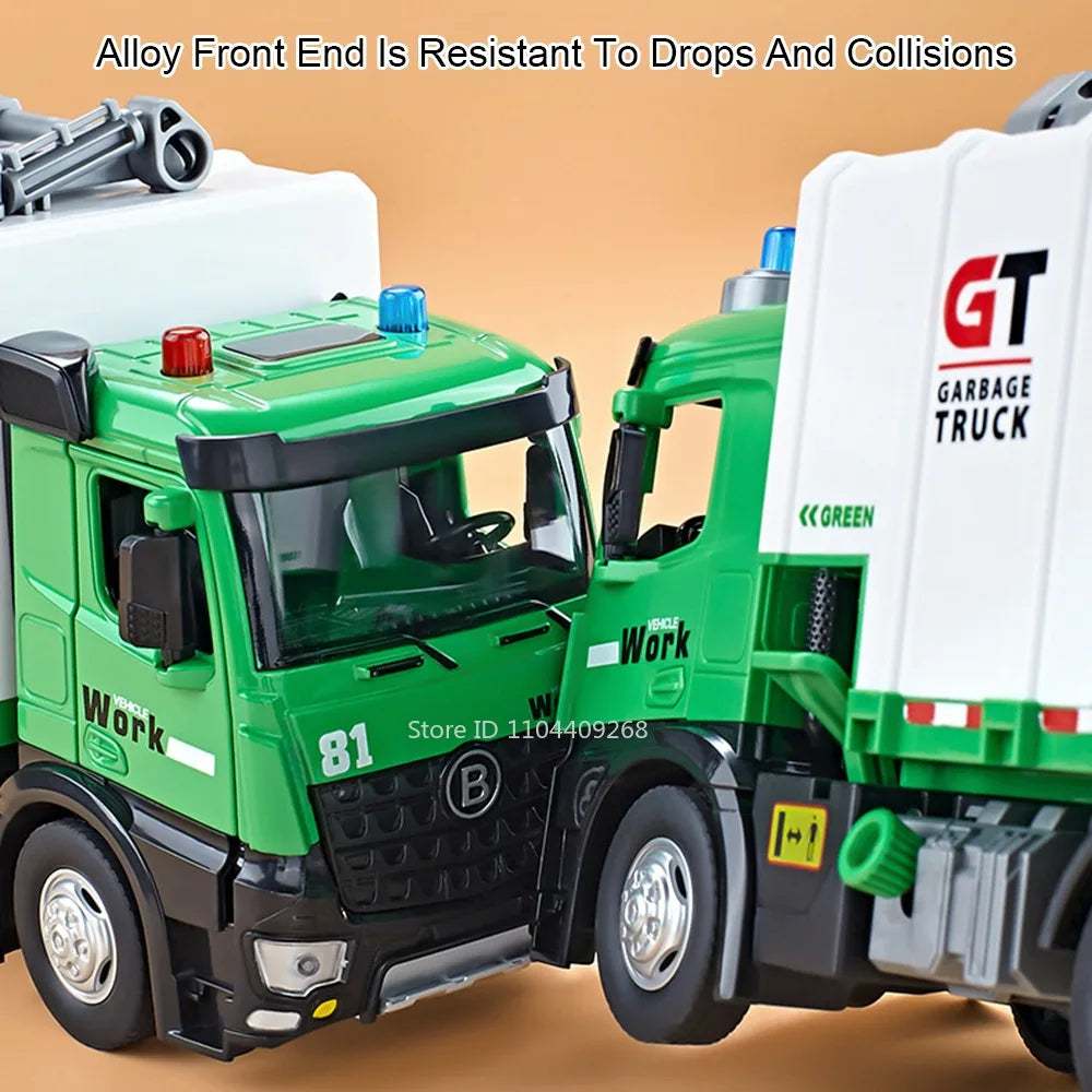 1:24 Pneumatic Garbage Car Electric Mixer Truck Toy Model Alloy Diecast Sound Light Engineering Vehicle Desktop Ornaments