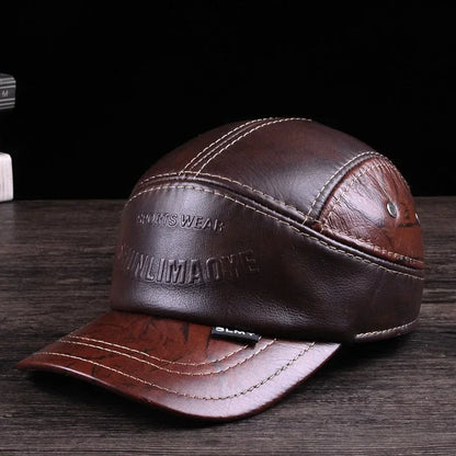 Winter Man Genuine Leather Baseball Caps Male Casual Cowhide Belt Ear Warm 56-60 Adjustable Splice Flight Hats