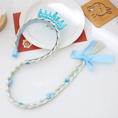 Girls Elsa Cosplay Headband Weaving Braid Tangled Snowflake Crown Headband Hair Accessories Girl Princess Bow Hair Ornament