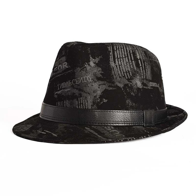 Male Perform High Quality Genuine Leather Print Jazz Fedora Gentleman Sheepskin Short Brim Top Hat Shows Topper