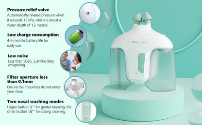 Nascool Electric Nasal Irrigation System with 50 SaltPods Suction Irrigator Nose Washer Sinus Rinse Device Cleaner Machine