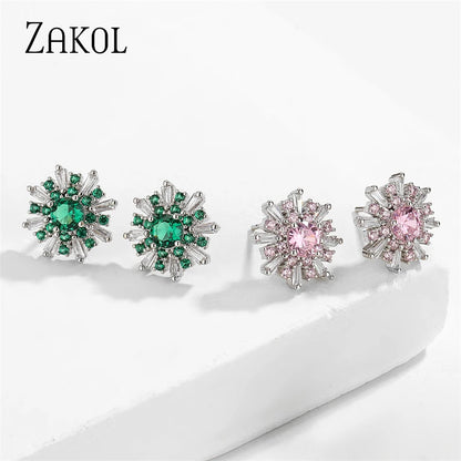 Korean Cute Green Snowflake Stud Earrings