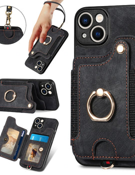 Luxury PU Leather Phone Case for iPhone 16 15 Pro Max 16e 14 Plus with Card Slot Ring Buckle Lanyard Back Cover