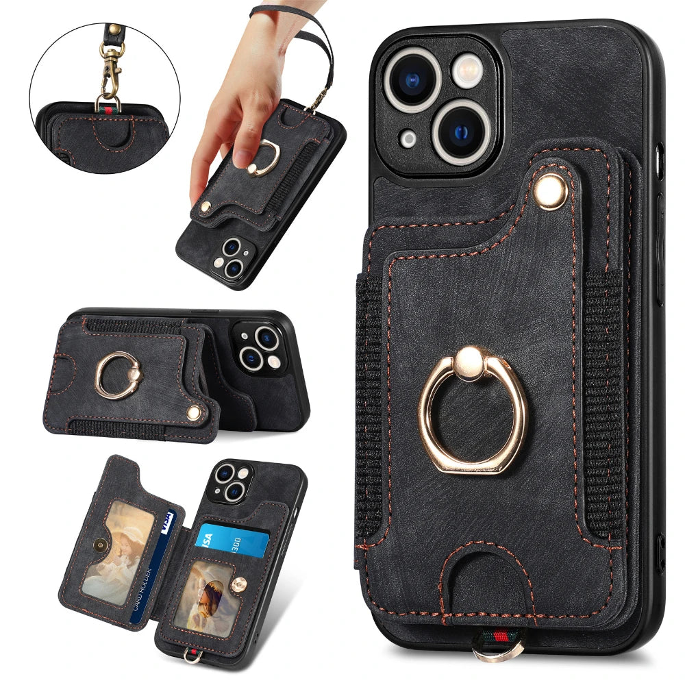 Luxury PU Leather Phone Case for iPhone 16 15 Pro Max 16e 14 Plus with Card Slot Ring Buckle Lanyard Back Cover