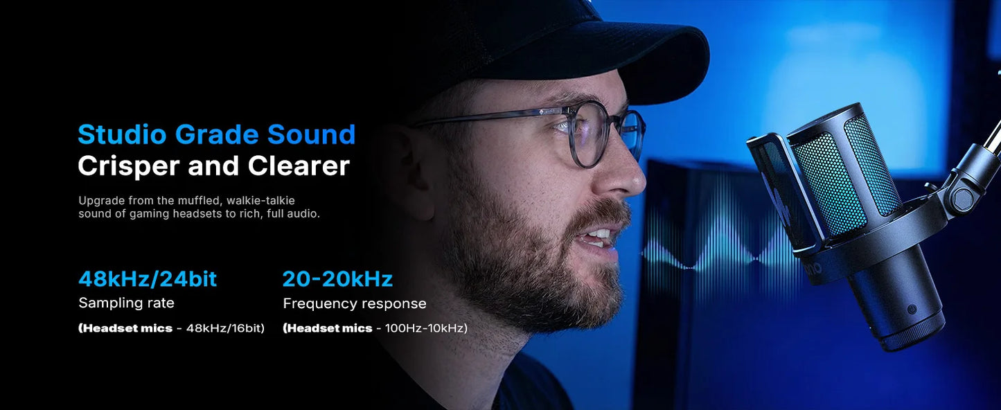 Wireless USB Gaming Microphone with AI Noise Reduction and RGB Lighting