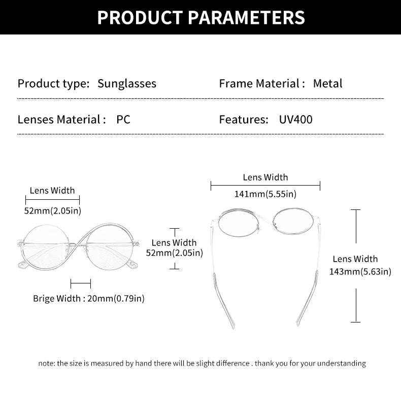 Round Frame Punk Style Women Sunglasses UV400 Anti-Reflective Fashion Eyewear Alloy Frame